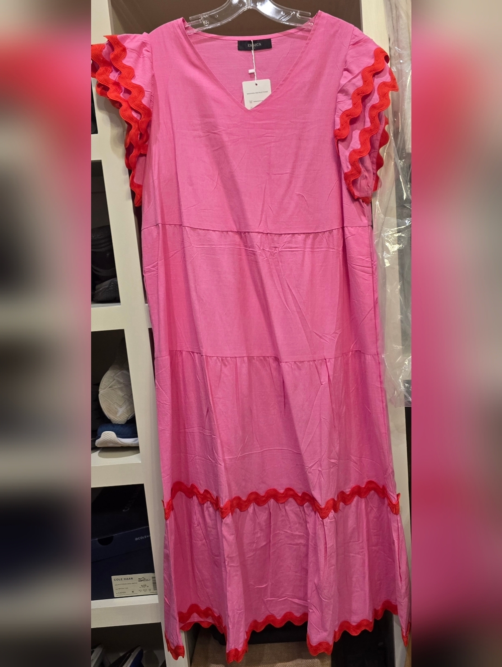 NWT Amazon Pink Ruffle Sleeve Tiered Dress with Red Trim